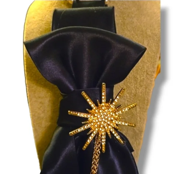Decorative Satin Navy Statement Folded Cravat Necklace Gold Starburst Accents - Picture 2 of 5